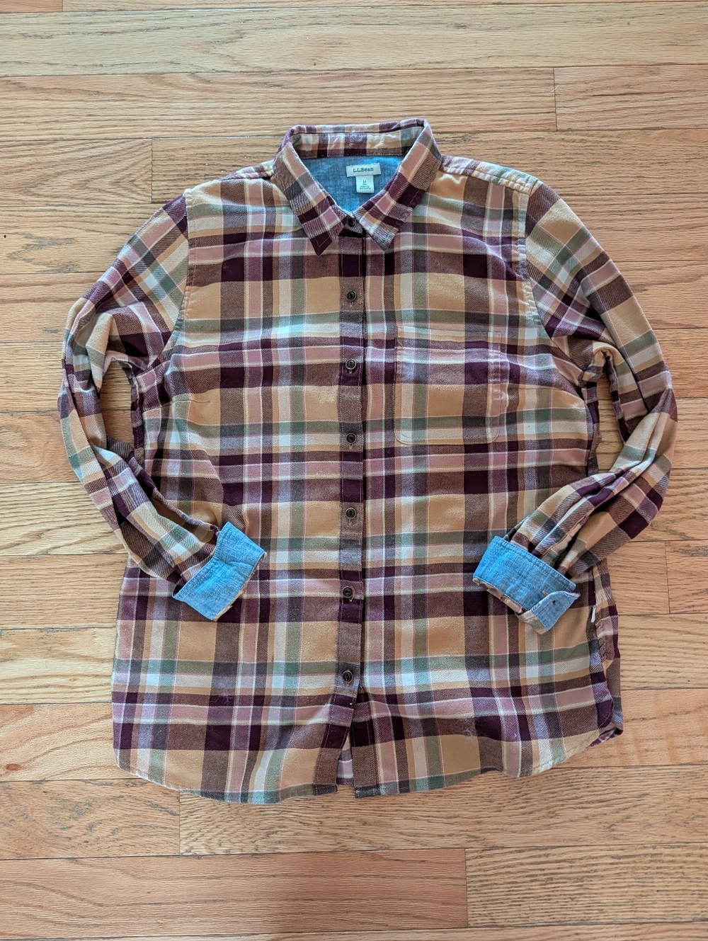 Like New LL Bean Women's Plaid Flannel Button Down Tan Purple Pink Hunter Green